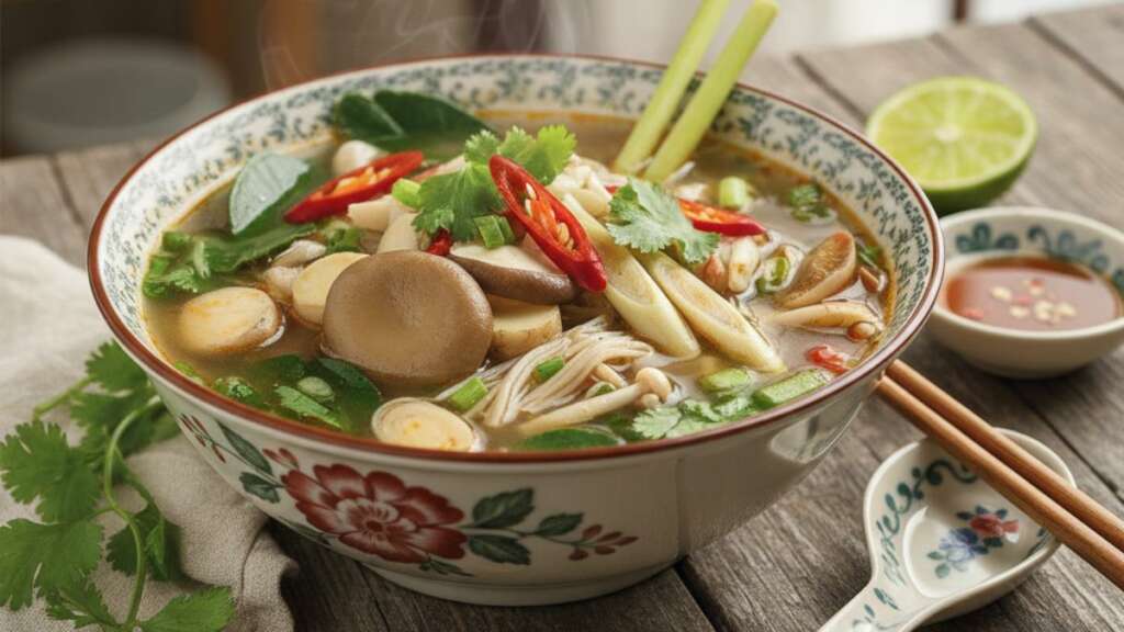 vegetarian-clear-mushroom-tomyum อาหารเจ ต้มยำเห็ดน้ำใส