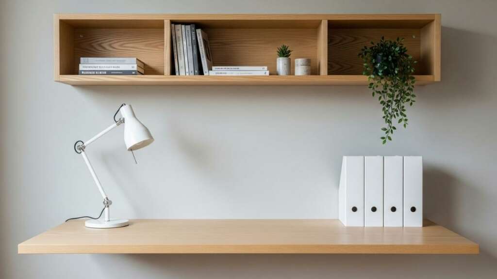 minimal-floating-desk แต่งบ้านสไตล์มินิมอล โต๊ะทำงานลอยติดผนัง