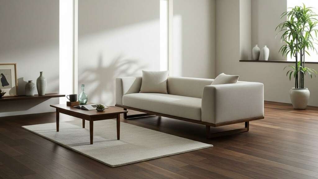 minimal-home-dark-wood-light-sofa แต่งบ้านสไตล์มินิมอล พื้นไม้เข้มตัดกับโซฟาสีอ่อน
