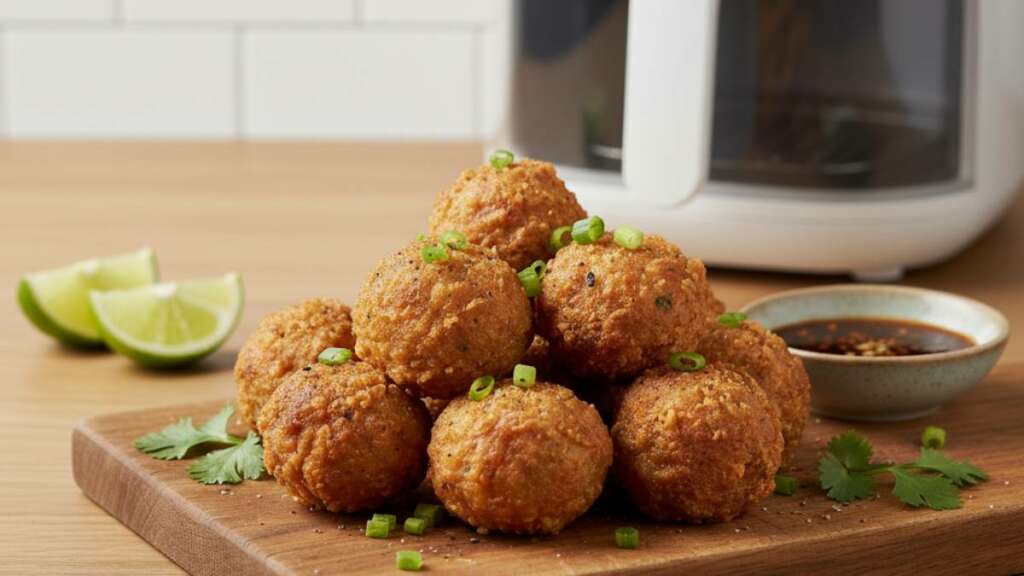 grilled-porkball-with-local-dip-sauce เมนูหม้อทอดไร้น้ำมัน หมูก้อนทอดกระเทียมเจียว