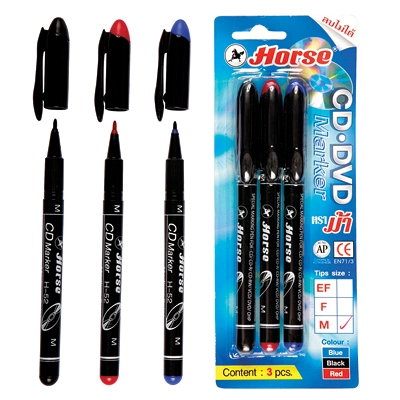 HORSE ปากกาเขียนแผ่นซีดีหัวแหลม หมึกลบไม่ได้ คละสี (แพ็ค 3 สี) 1 มม.
