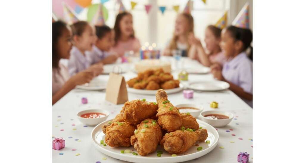 อาหารปาร์ตี้เด็กไก่ทอดหน้าโรงเรียน