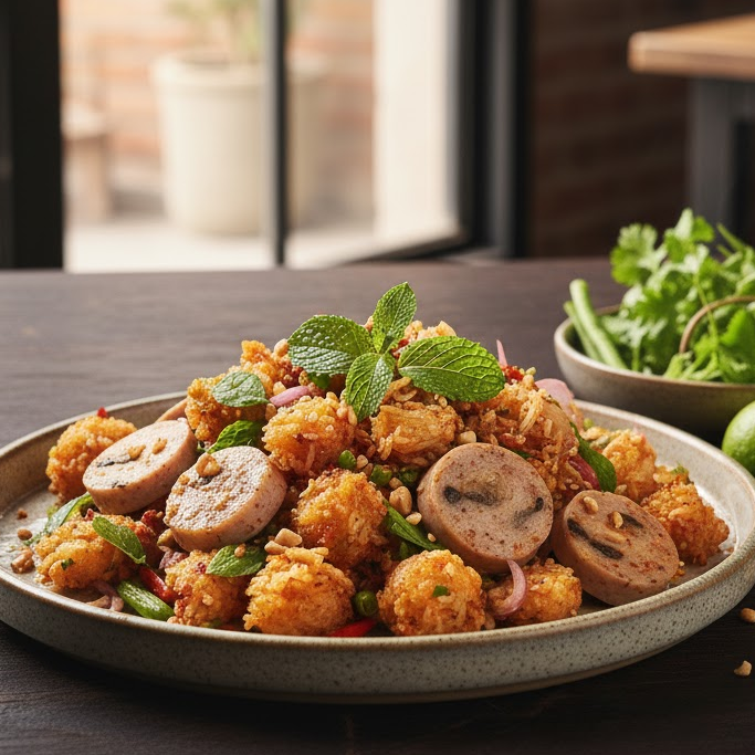 easy-menu-for-party-fried-fermented-pork-salad เมนูปาร์ตี้ง่ายๆยำแหนมข้าวทอด