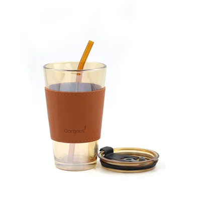 clear-glass-tea-cup-with-silicone-leather-handle แก้วน้ำชาแก้วใส ที่จับหนังซิลิโคน 450ML สีชาใส