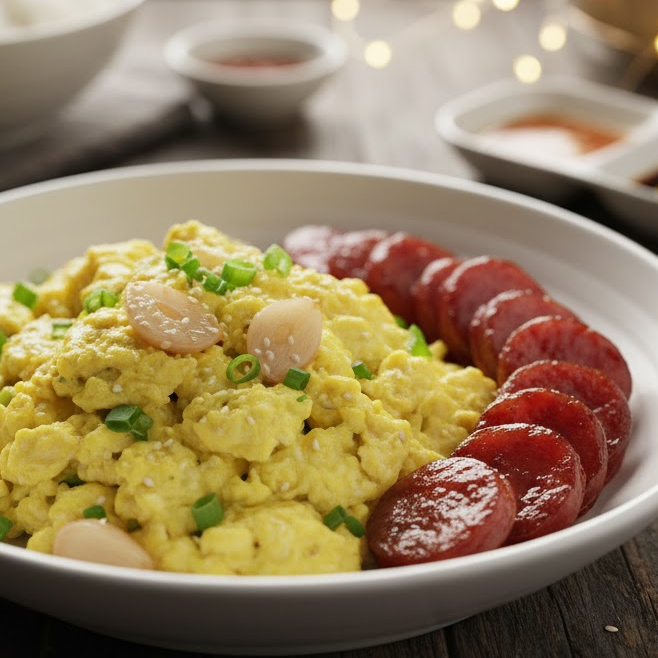 เมนูอาหารปาร์ตี้สุขภาพดี ไข่ผัดกระเทียมดอง กับกุนเชียงเนื้อสะโพก