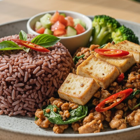 เมนูอาหารปาร์ตี้สุขภาพดีผัดกระเพราไก่สับ ท็อปด้วยเต้าหู้