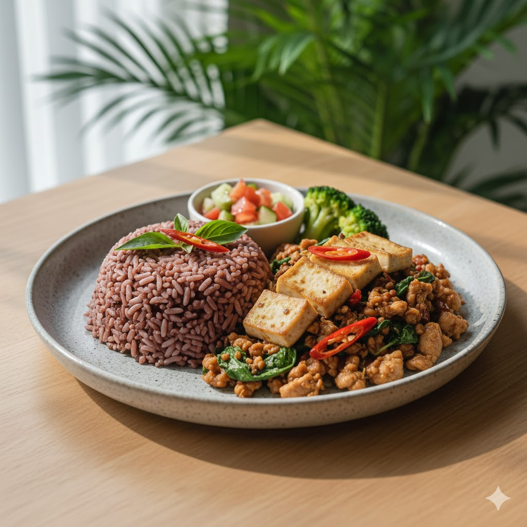 เมนูอาหารปาร์ตี้สุขภาพดีผัดกระเพราไก่สับ ท็อปด้วยเต้าหู้