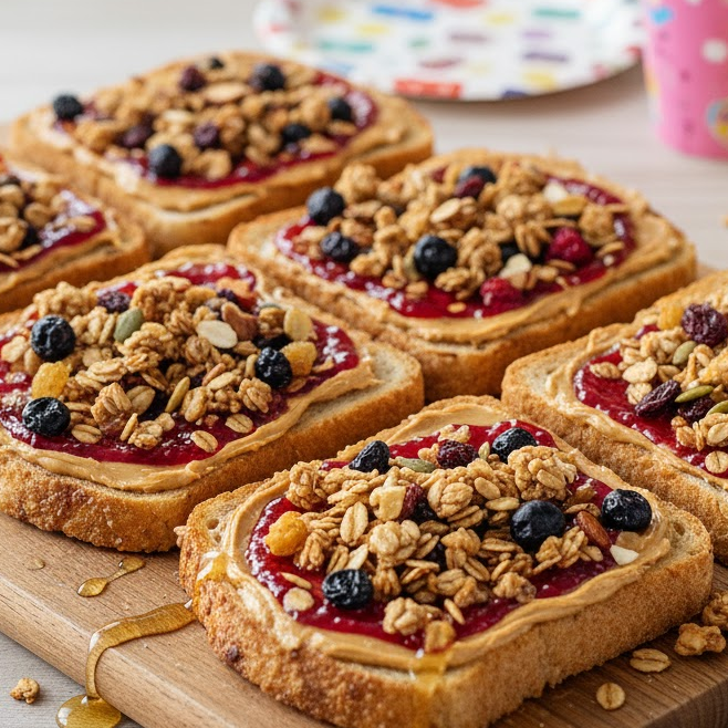 เมนูอาหารปาร์ตี้สุขภาพดี ขนมปังปิ้งโรยกราโนล่า