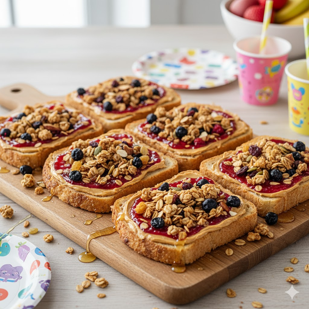 เมนูอาหารปาร์ตี้สุขภาพดี ขนมปังปิ้งโรยกราโนล่า