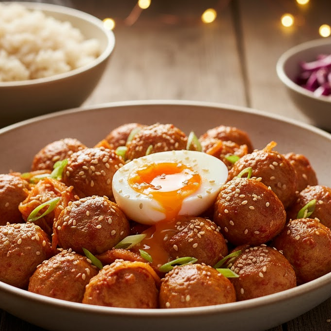 เมนูอาหารปาร์ตี้สุขภาพดี ลูกชิ้นผัดกิมจิไข่ลวก