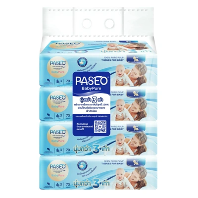 PASEO กระดาษเช็ดหน้า เบบี้เพียวซอฟท์แพ็ค 70 แผ่น แพ็ค 4 ห่อ