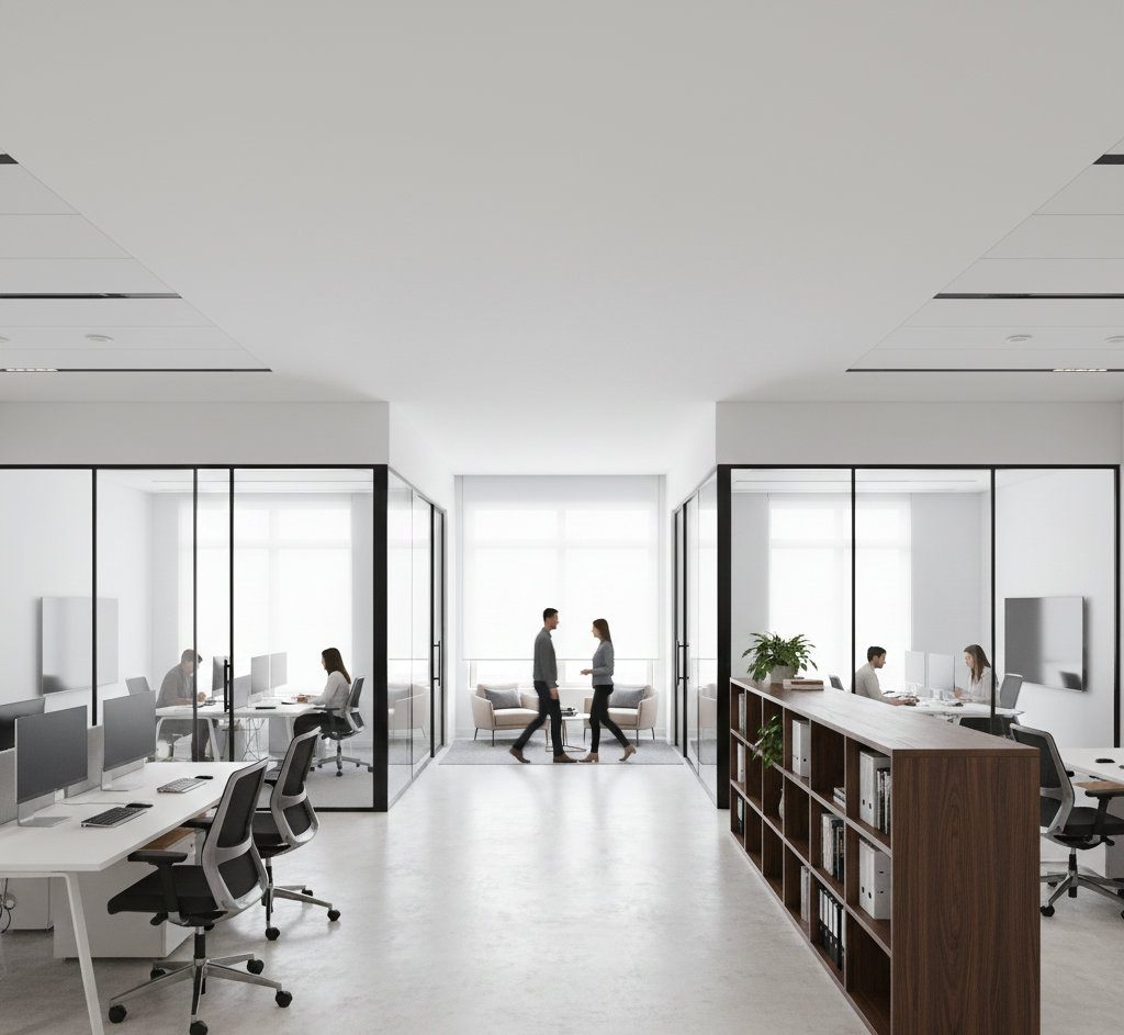 ออกแบบออฟฟิศ ขนาดเล็ก ใช้ฉากกั้นแบบโปร่งแสงหรือชั้นวางหนังสือ