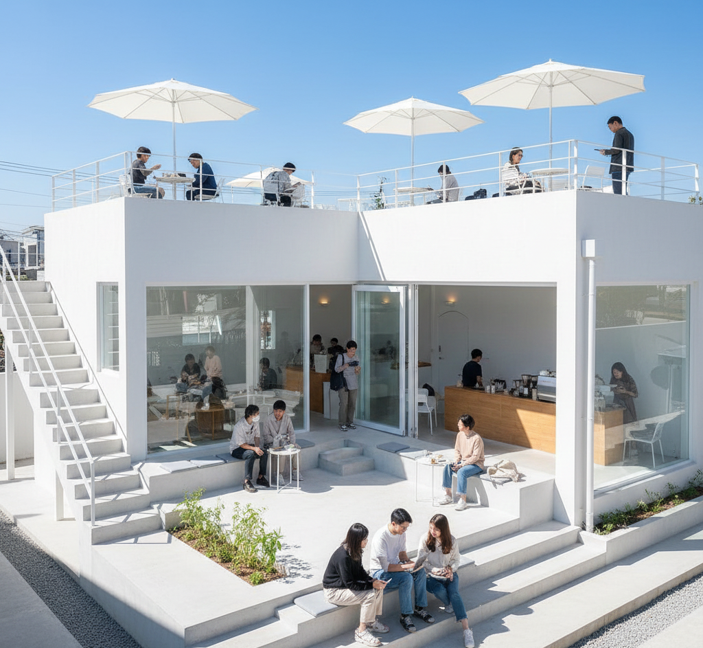 minimal-cafe-with-outdoor-and-rooftop ร้านกาแฟมินิมอล งบน้อย มีดาดฟ้าและพื้นที่ด้านนอก