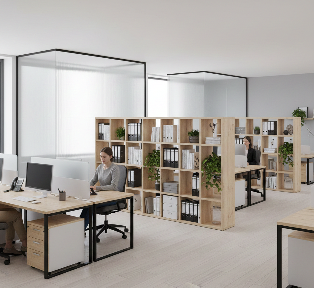 ออกแบบออฟฟิศ ขนาดเล็ก เพิ่มพื้นที่จัดเก็บใต้โต๊ะและมุมห้อง