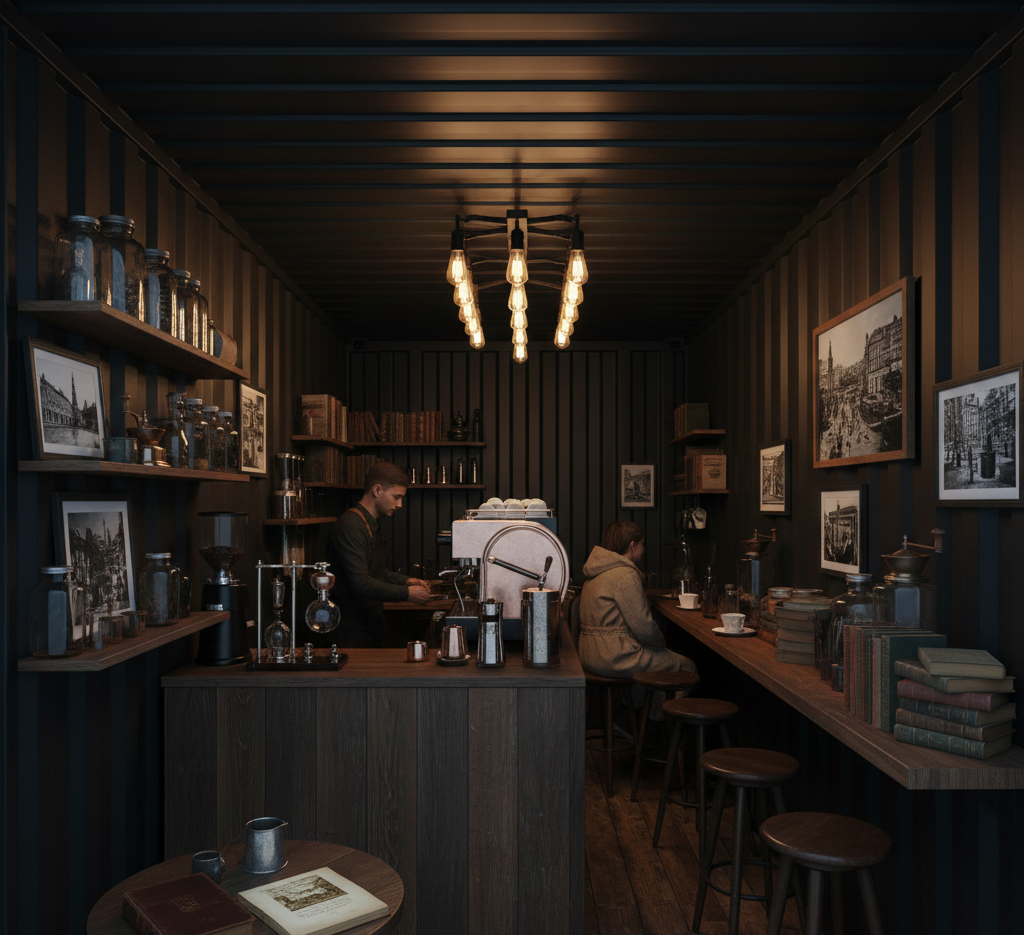 container-antique-idea-cafe ร้านกาแฟมินิมอล งบน้อย ตกแต่งเฉพาะด้านใน
