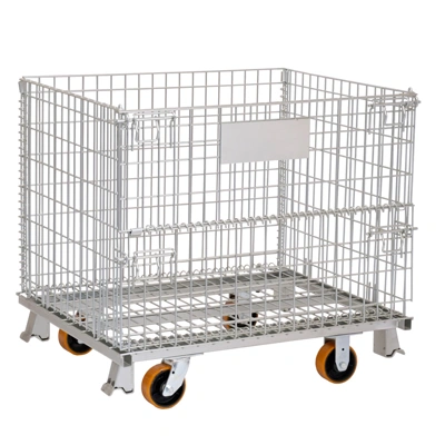 PCF0608Nt4 ลังตะแกรงเหล็กพับได้-ติดล้อ PU ส้ม 4" กระทะเหล็ก ล้อเป็น 2 ล้อ ล้อตาย 2 ล้อ