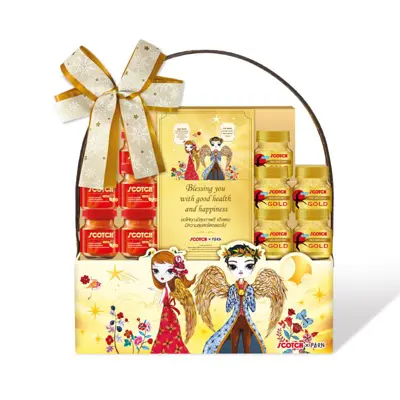 SCOTCH กระเช้า B รังนกแท้ รอเยล โกลด์ + ซุปไก่สกัด สูตร 100% (10 ขวด)