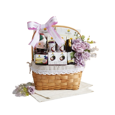 BASKETEER กระเช้าของขวัญดอยคำพร้อมโบว์ รวมเครื่องดื่มอาหารสุขภาพ สีม่วง