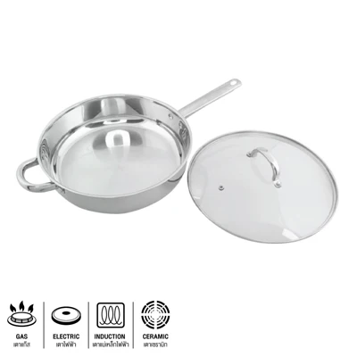 kassa-home-stainless-steel-shallow-pan-glass-lid-28cm กระทะด้ามสเตนเลสทรงตื้น พร้อมฝาแก้ว 28 ซม. KASSA HOME