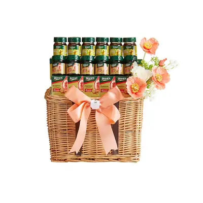 BASKETEER ชุดของขวัญซุปไก่สกัดผสมใบแปะก๊วยและโสม 42 มล. 6 ขวด พร้อมซุปไก่ถั่งเช่า 42 มล. 6 ขวด ตกแต่งดอกไม้เทียม BK-330L 30x18x20 ซม.