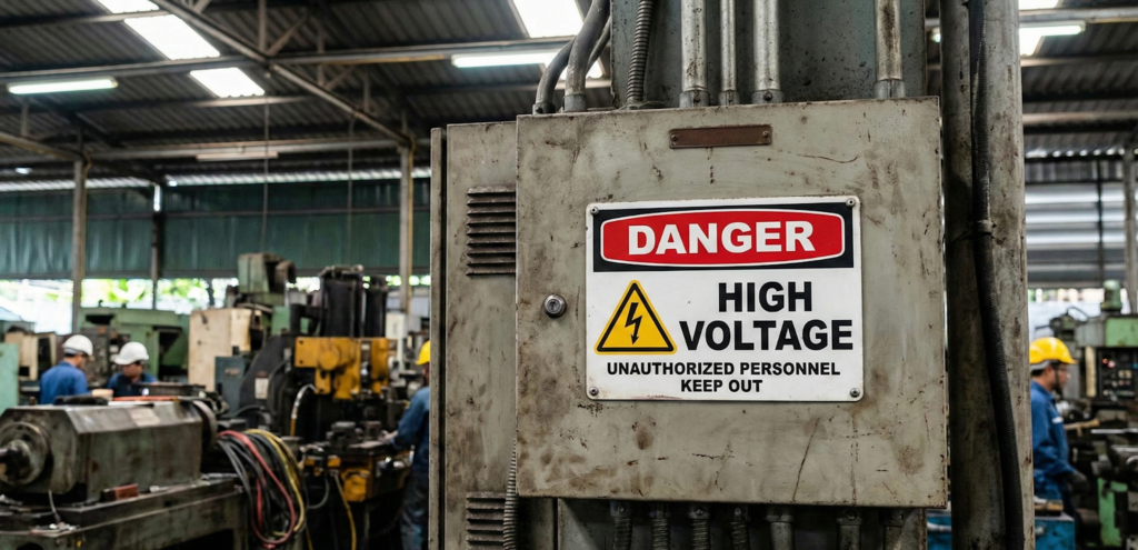 สัญลักษณ์ความปลอดภัย ป้ายระวังอันตรายจากไฟฟ้าแรงสูง