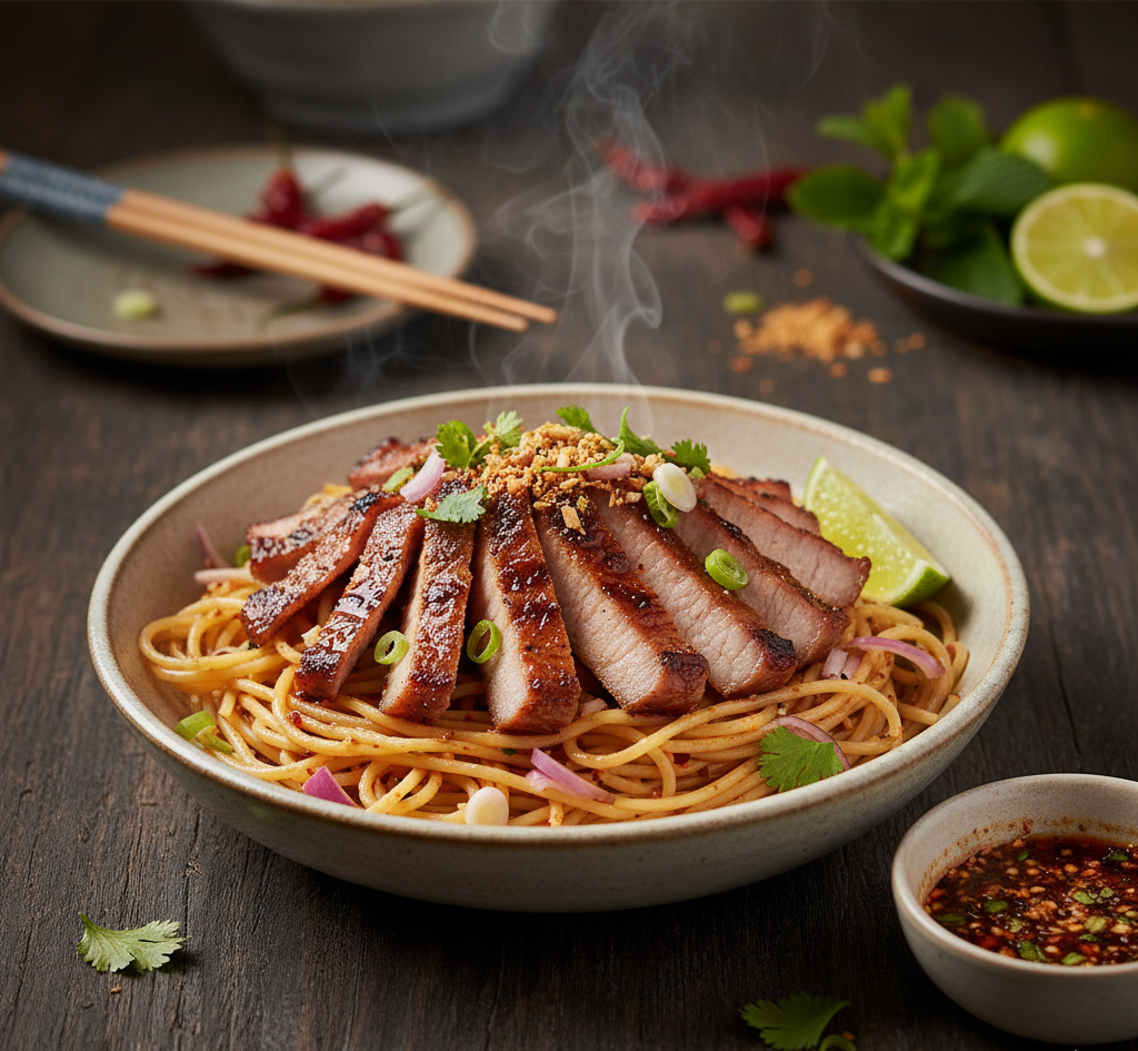 อาหารฟิวชั่น สปาเกตตีหมูย่างน้ำจิ้มแจ่ว 