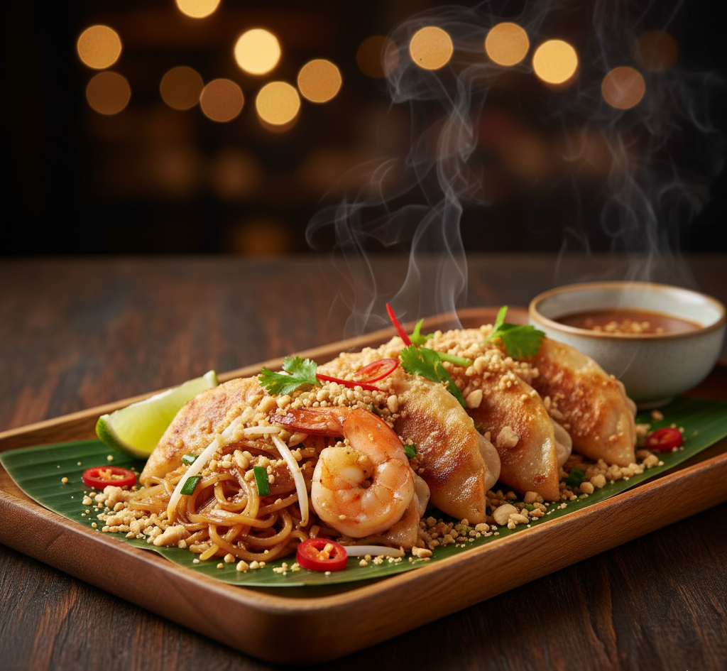 อาหารฟิวชั่นเกี๊ยวซ่ากุ้งผัดไทย