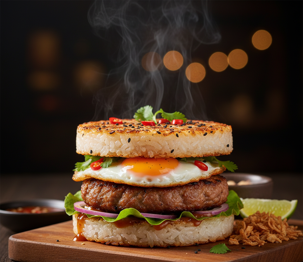 อาหารฟิวชั่น เบอร์เกอร์ข้าวเหนียว