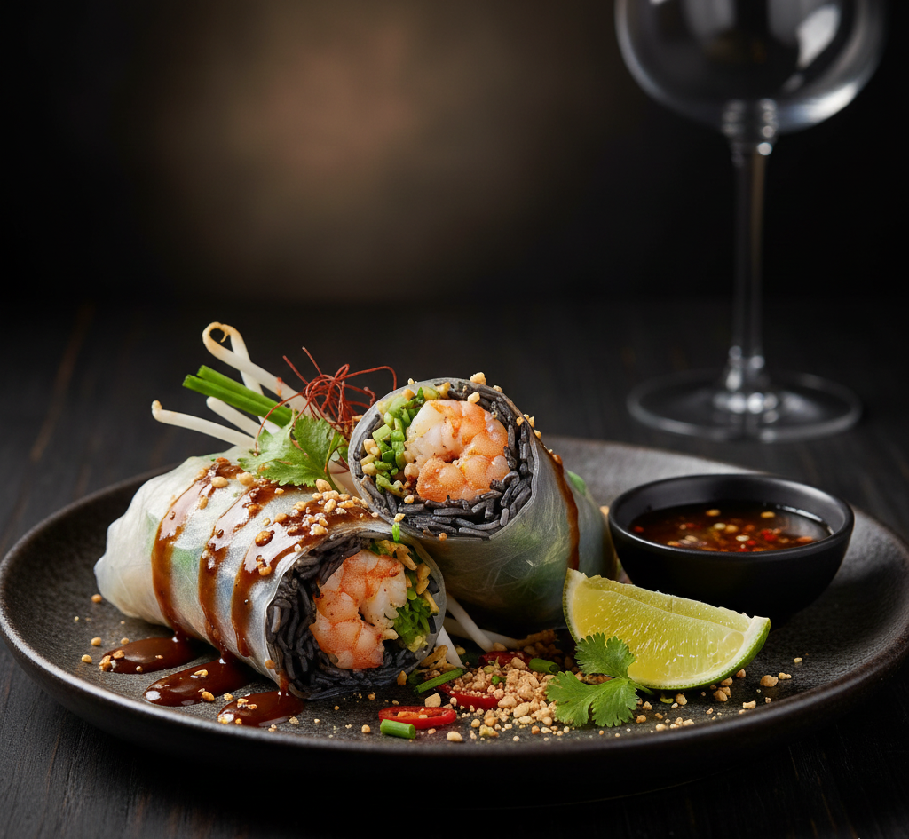 อาหารฟิวชั่น เปาะเปี๊ยะสดผัดไทยเส้นชาร์โคล