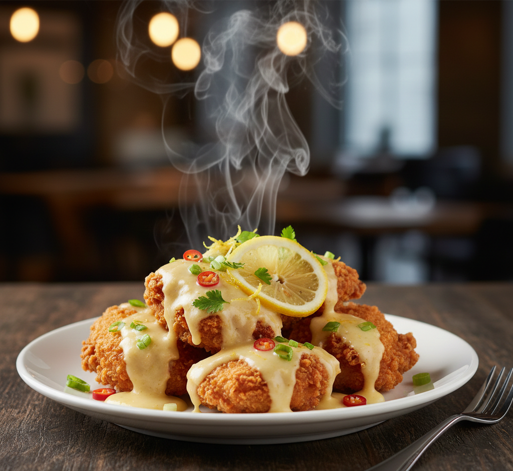 อาหารฟิวชั่น ไก่กรอบชีสซอสเลมอน
