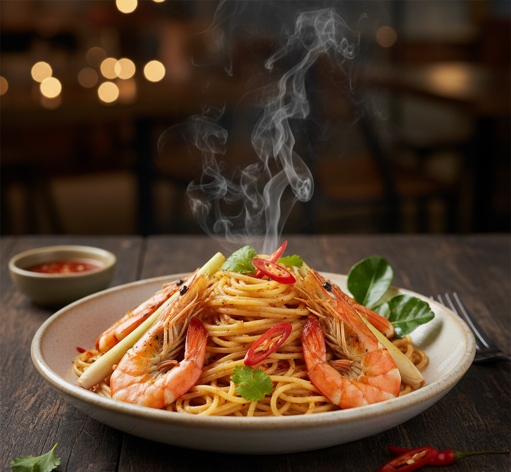 อาหารฟิวชั่นสปาเกตตีผัดต้มยำกุ้ง