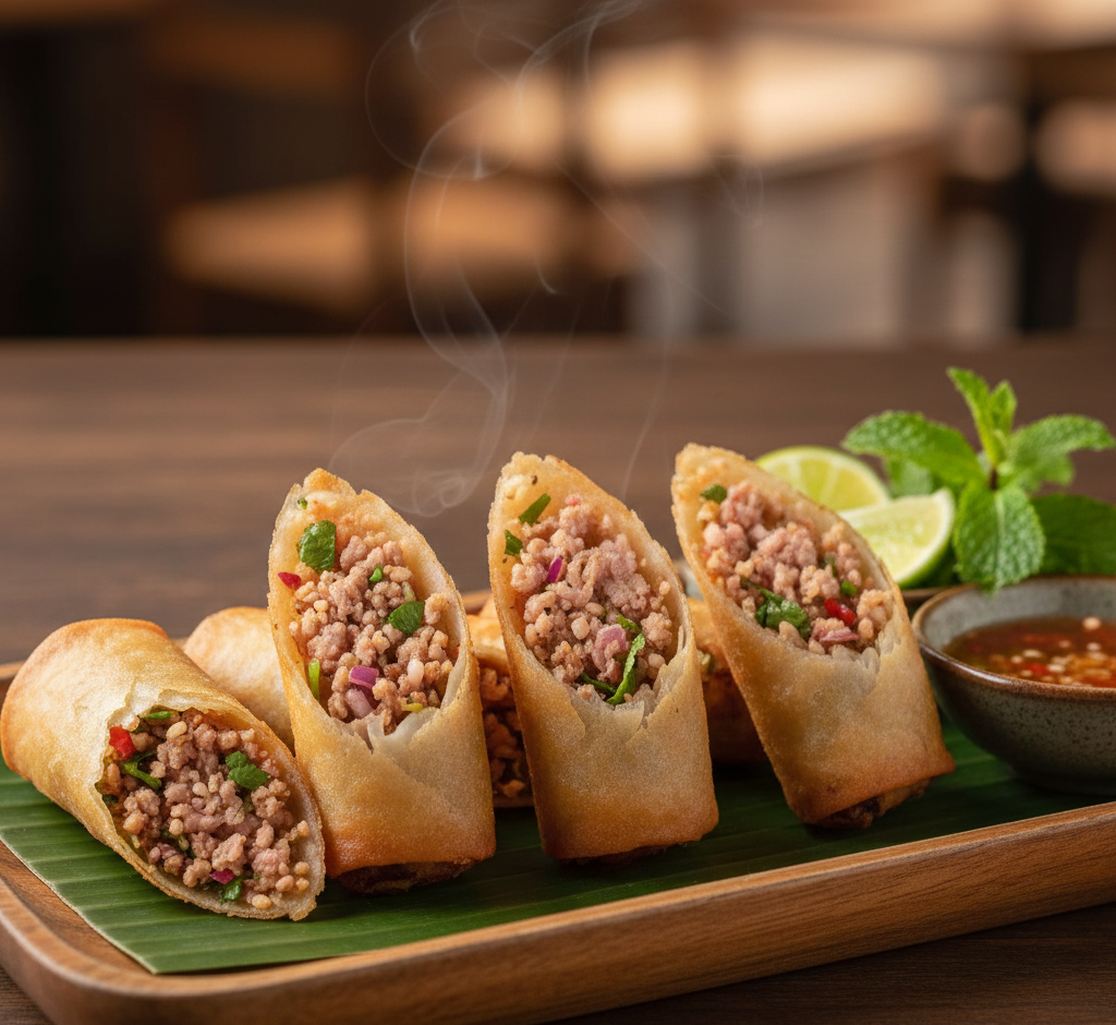 อาหารฟิวชั่น เปาะเปี๊ยะลาบหมู