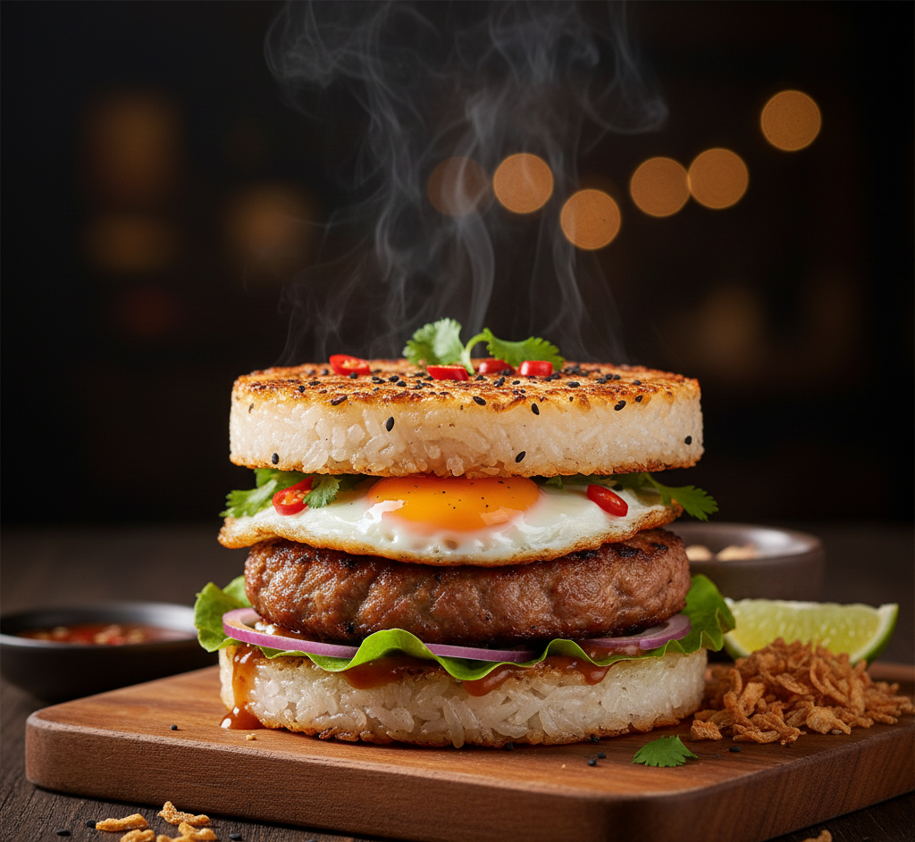 อาหารฟิวชั่น  เบอร์เกอร์ข้าวกะเพราหมูไข่ดาว