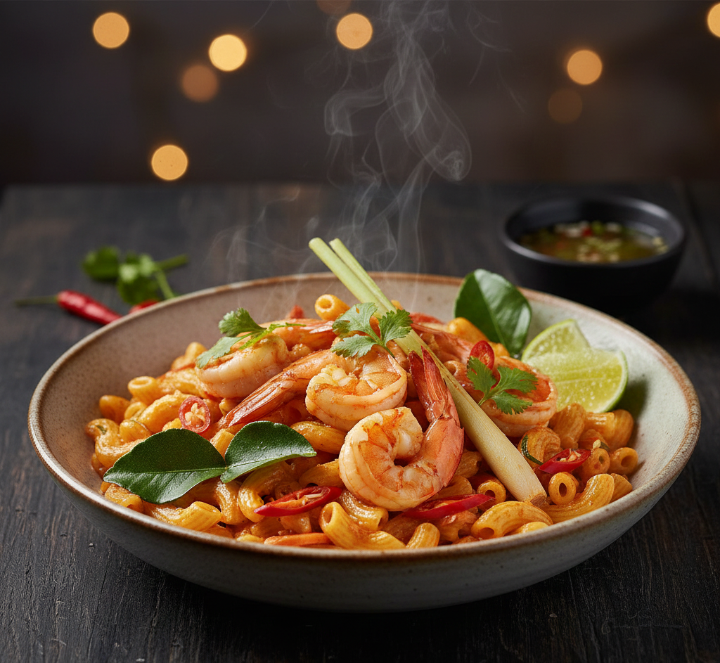 อาหารฟิวชั่น มักกะโรนีต้มยำไข่ชีสทอดกรอบ