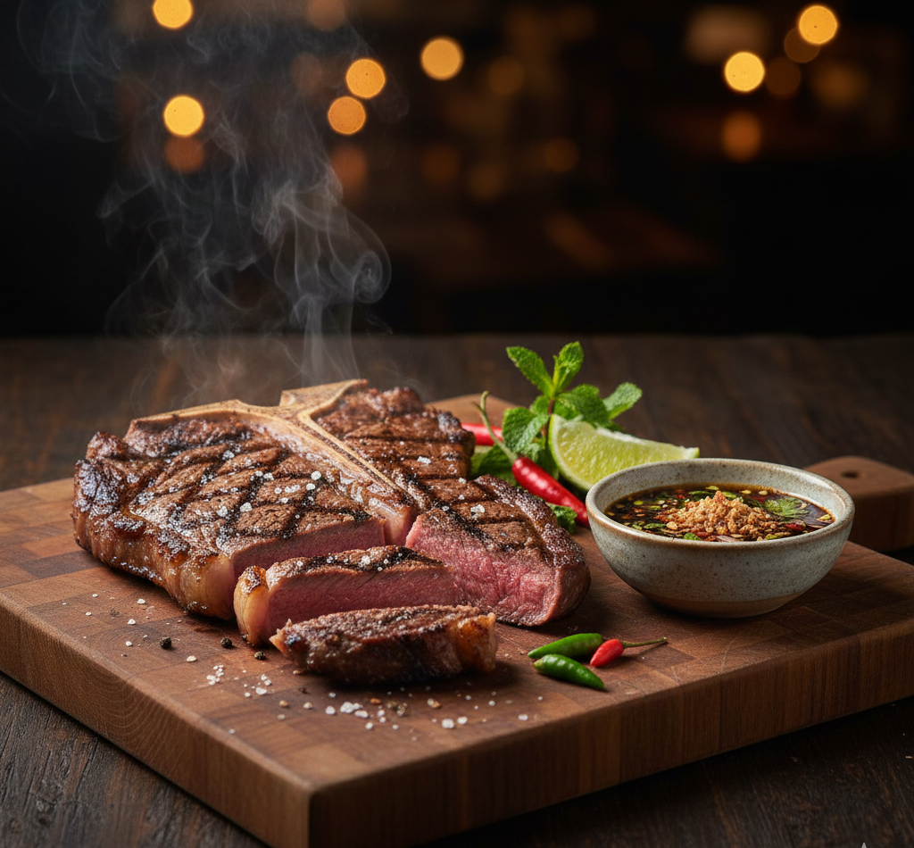  อาหารฟิวชั่น สเต๊กทีโบนย่างจิ้มแจ่ว