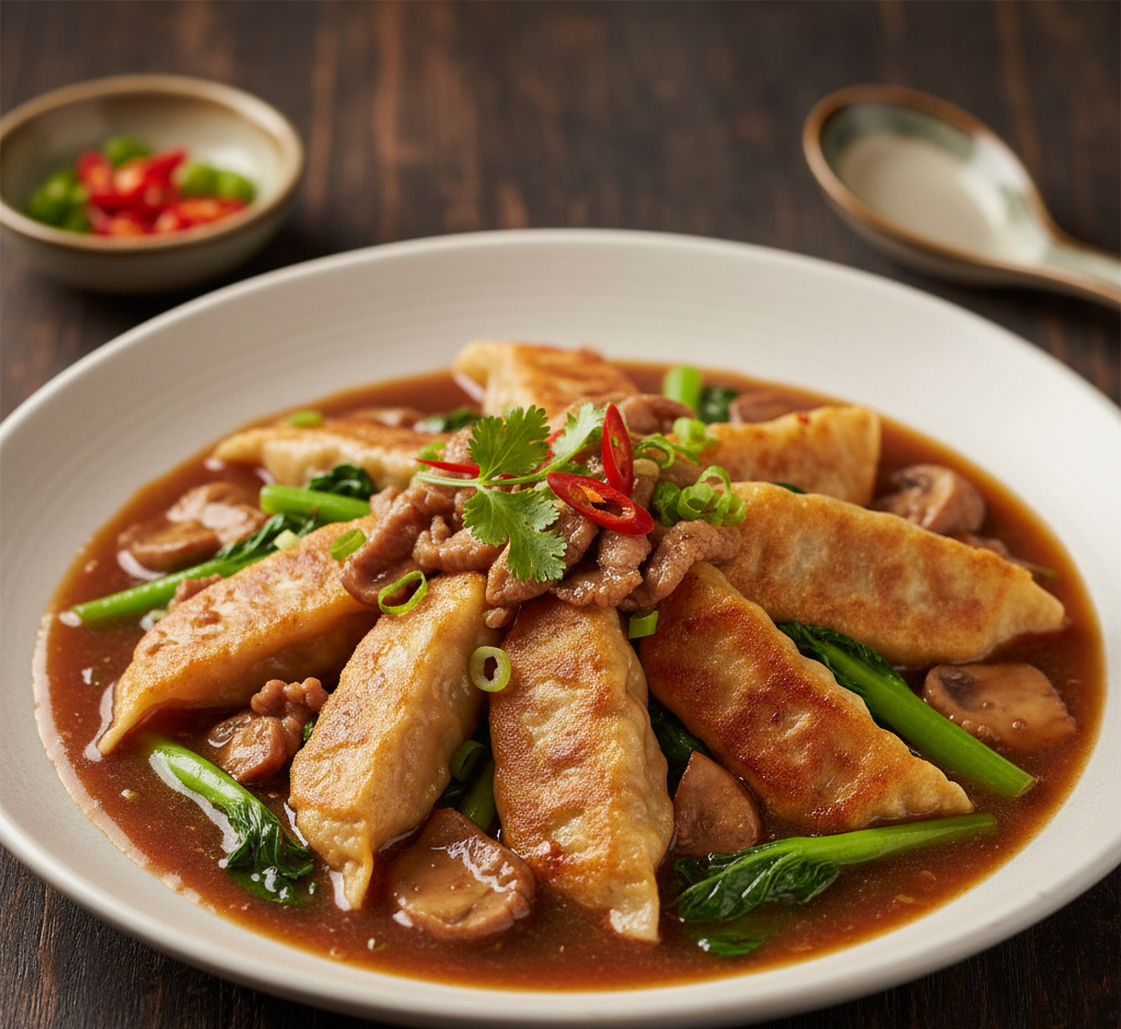 อาหารฟิวชั่น เกี๊ยวซ่าราดหน้า