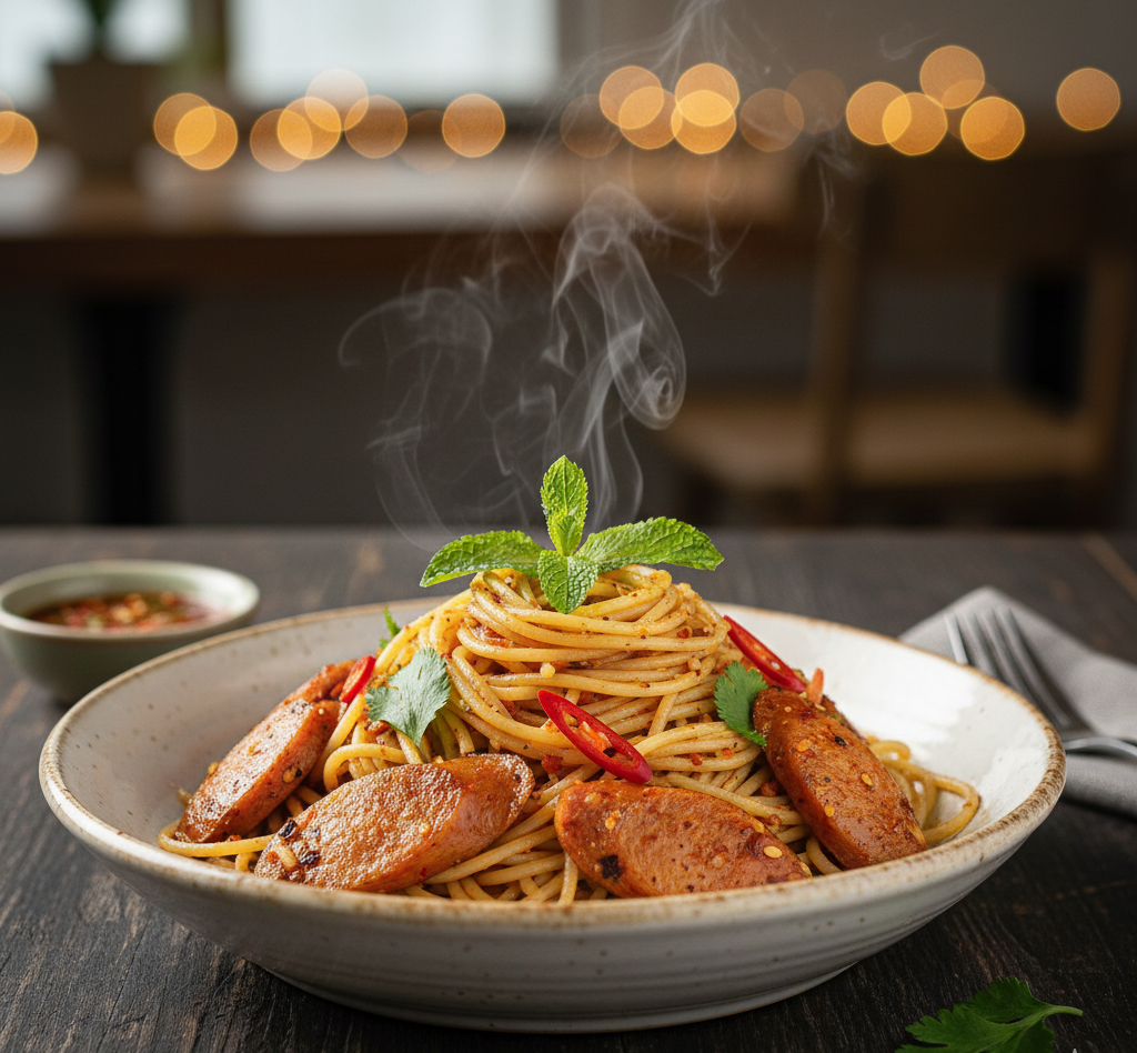  อาหารฟิวชั่นสปาเกตตีไส้กรอกลาบหมู