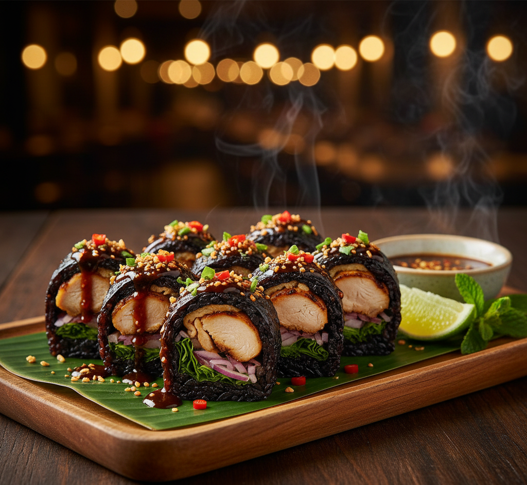 อาหารฟิวชั่น ซูชิข้าวเหนียวไก่ย่างจิ้มแจ่ว