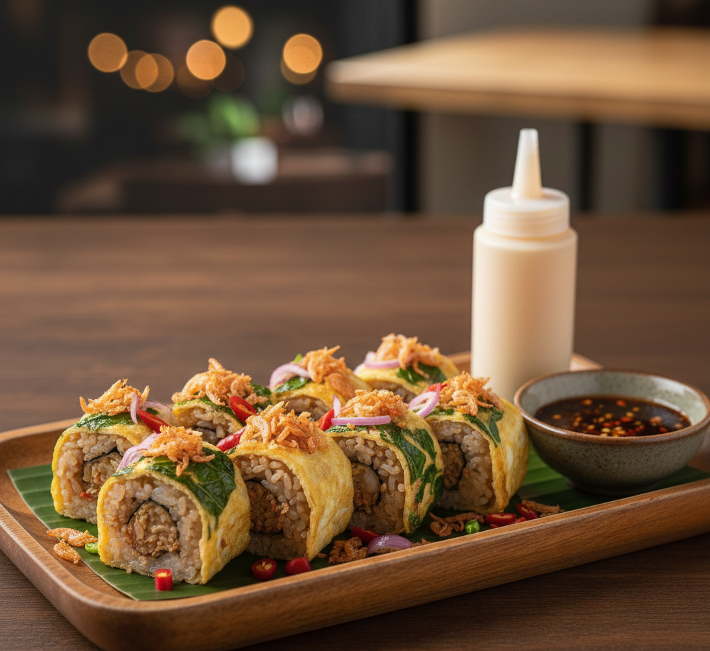 อาหารฟิวชั่น ซูชิข้าวคลุกกะปิไข่ชะอม