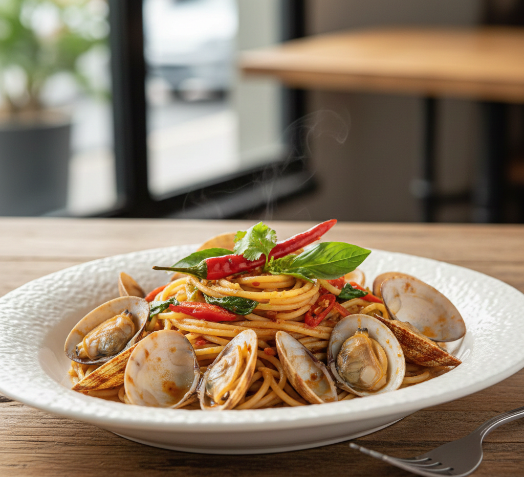 อาหารฟิวชั่น สปาเกตตีผัดหอยลายน้ำพริกเผา