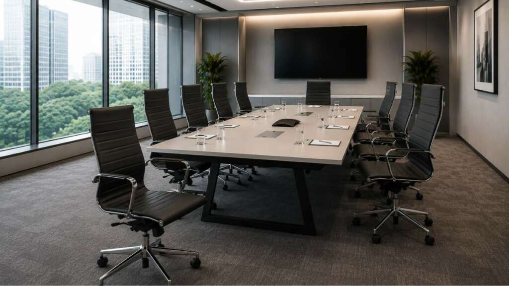 ไอเดียตกแต่งออฟฟิศ ห้องประชุมผู้บริหารดีไซน์ภูมิฐานและสมมาตร