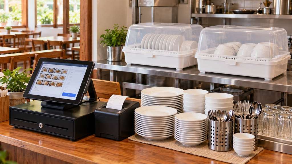เปิดร้านอาหาร งบ 100000 หมวดงานระบบ POS และอุปกรณ์จานชาม