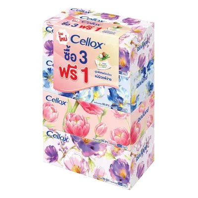 ยี่ห้อทิชชู่ Cellox กระดาษเช็ดหน้า รุ่น Flower (135 แผ่น แพ็ค 3+1 กล่อง)