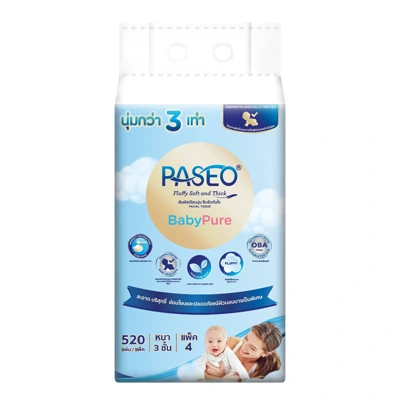 ยี่ห้อทิชชู่ Paseo กระดาษเช็ดหน้า รุ่น Baby Pure Soft (130 แผ่น แพ็ค 4 ห่อ)